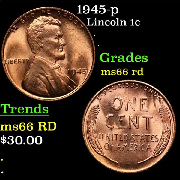 1945-p Lincoln Cent 1c Grades GEM+ Unc RD