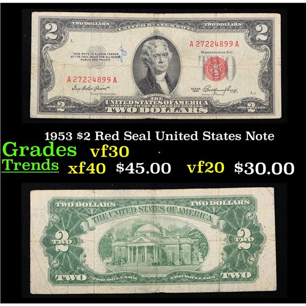 1953 $2 Red Seal United States Note Grades vf++