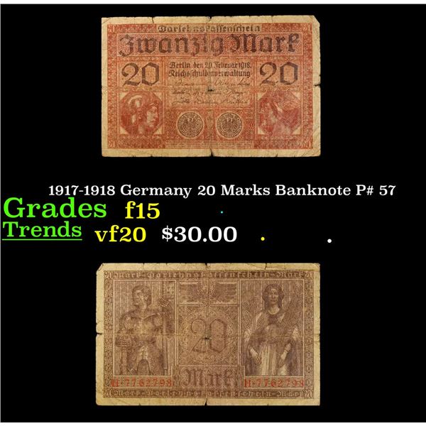 1917-1918 Germany 20 Marks Banknote P# 57 Grades f+