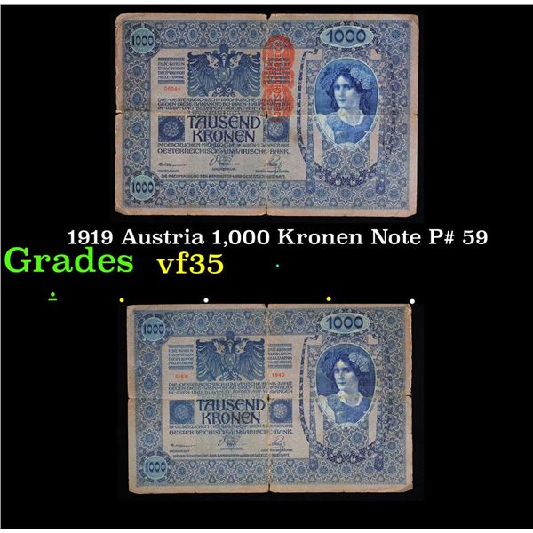 1919 Austria 1,000 Kronen Note P# 59 Grades vf++