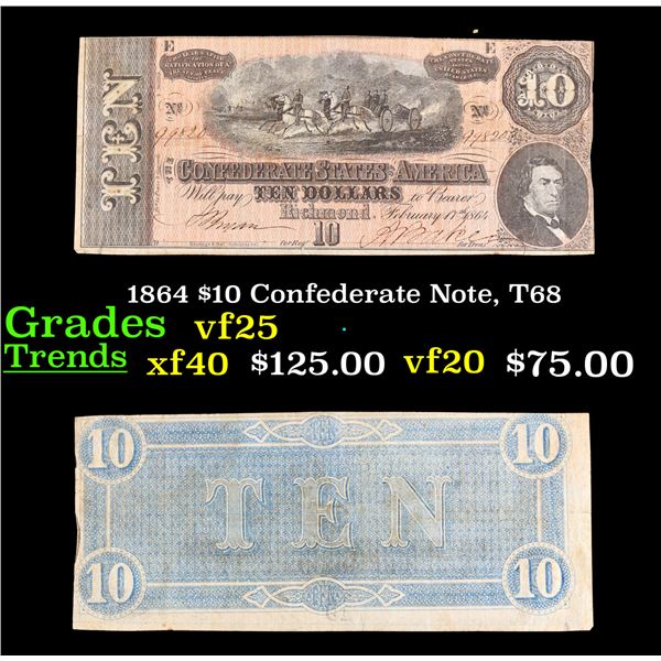 1864 $10 Confederate Note, T68 Grades vf+