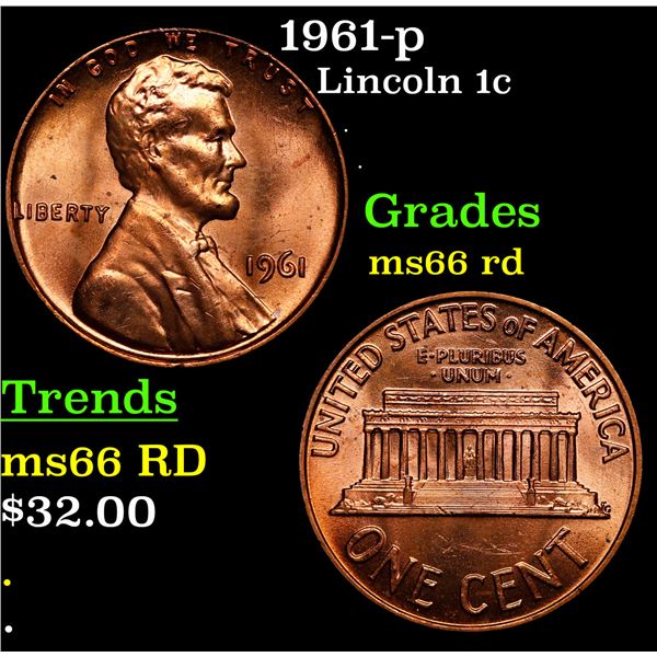 1961-p Lincoln Cent 1c Grades GEM+ Unc RD