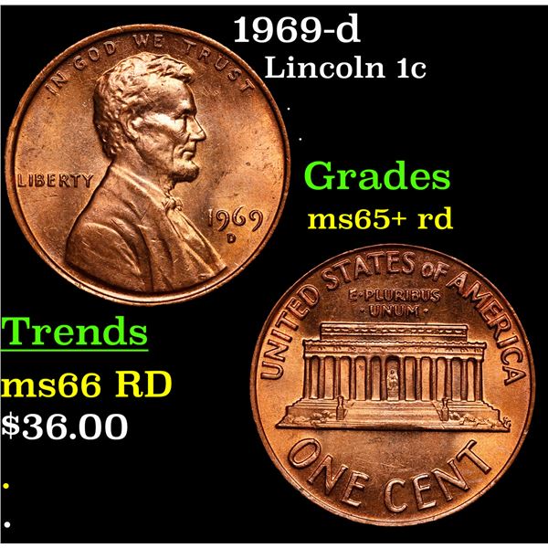 1969-d Lincoln Cent 1c Grades Gem+ Unc RD