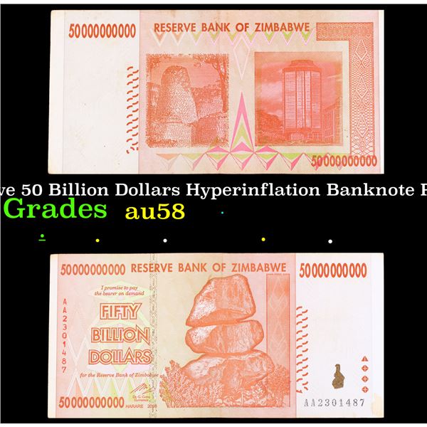 2007-2008 Zimbabwe 50 Billion Dollars Hyperinflation Banknote P# 87, 3rd dollar ZWR Grades Choice AU