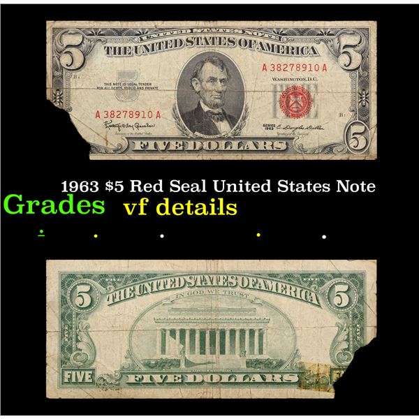 1963 $5 Red Seal United States Note Grades vf details