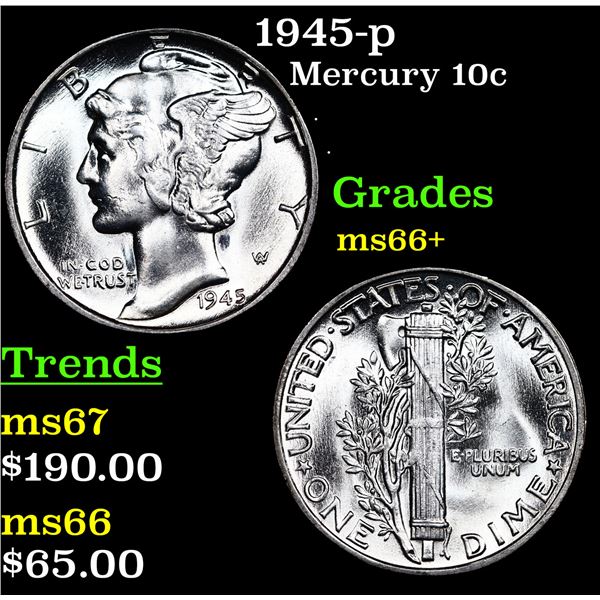 1945-p Mercury Dime 10c Grades GEM++ Unc