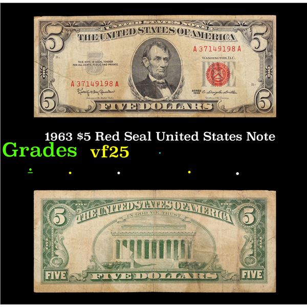 1963 $5 Red Seal United States Note Grades vf+