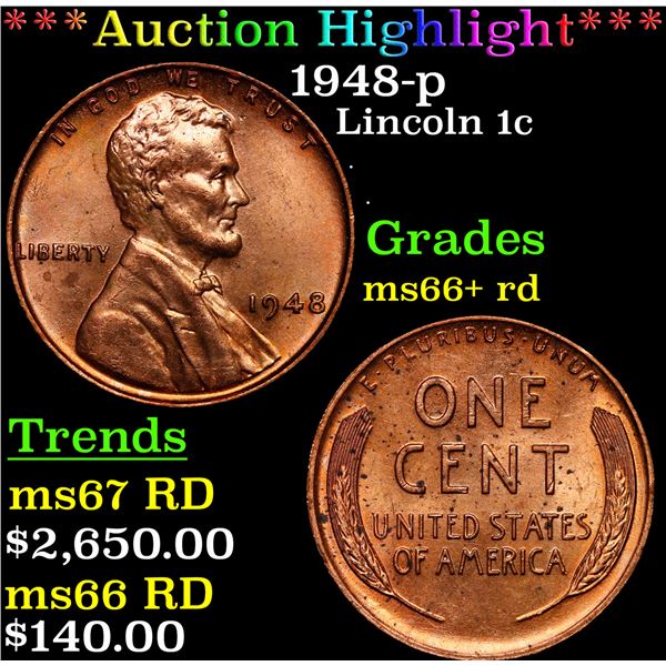 **Auction Highlight*** 1948-p Lincoln Cent 1c Graded GEM++ RD By USCG (fc)