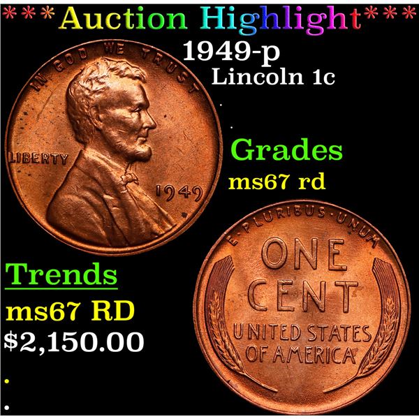 **Auction Highlight*** 1949-p Lincoln Cent 1c Graded GEM++ Unc RD By USCG (fc)