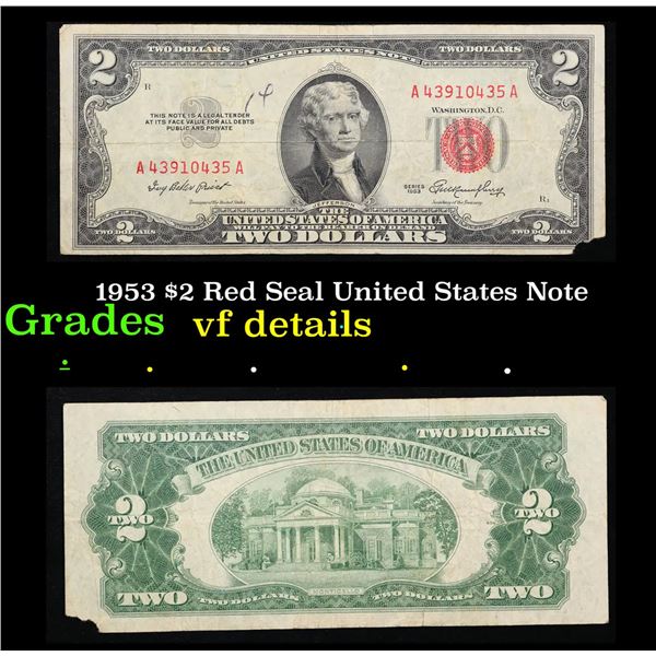 1953 $2 Red Seal United States Note Grades vf details