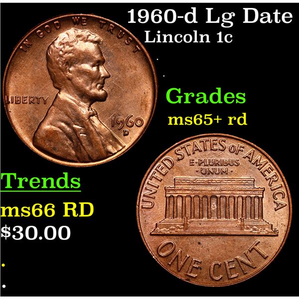 1960-d Lg Date Lincoln Cent 1c Grades Gem+ Unc RD