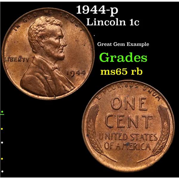 1944-p Lincoln Cent 1c Grades GEM Unc RB