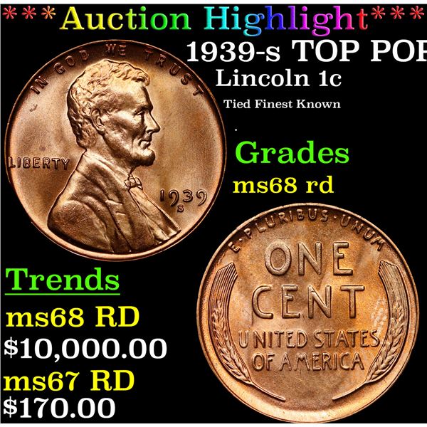 **Auction Highlight*** 1939-s Lincoln Cent TOP POP! 1c Graded GEM+++ Unc RD By USCG (fc)