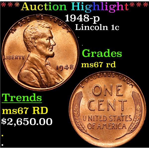 **Auction Highlight*** 1948-p Lincoln Cent 1c Graded GEM++ Unc RD By USCG (fc)