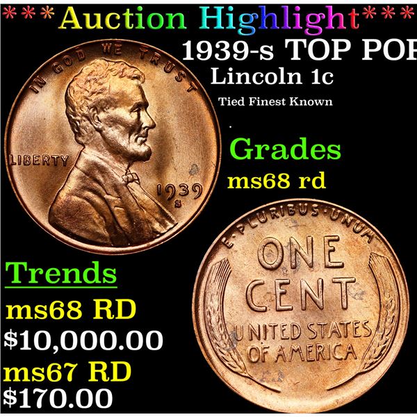 **Auction Highlight*** 1939-s Lincoln Cent TOP POP! 1c Graded GEM+++ Unc RD By USCG (fc)