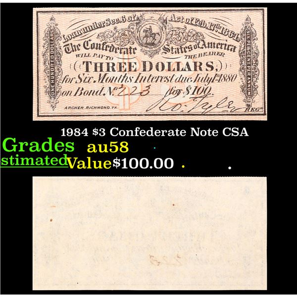 1984 $3 Confederate Note CSA Grades Choice AU/BU Slider