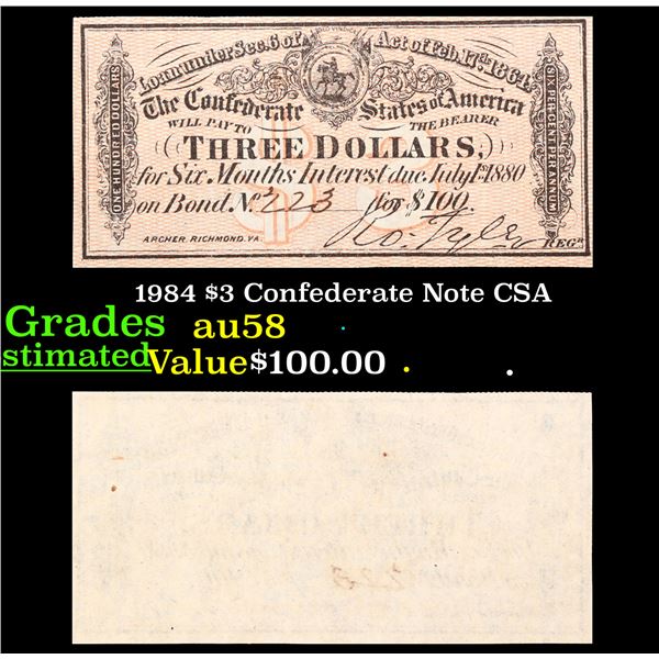 1984 $3 Confederate Note CSA Grades Choice AU/BU Slider