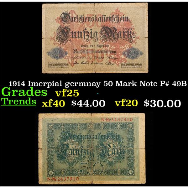 1914 Imerpial germnay 50 Mark Note P# 49B Grades vf+