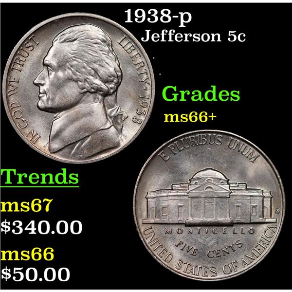 1938-p Jefferson Nickel 5c Grades GEM++ Unc