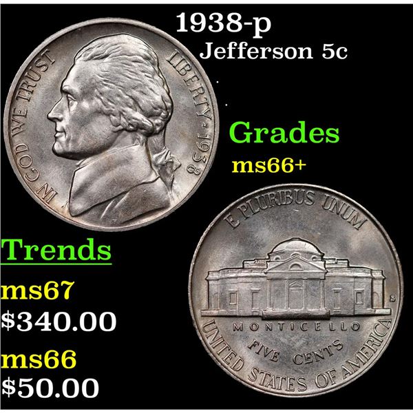 1938-p Jefferson Nickel 5c Grades GEM++ Unc