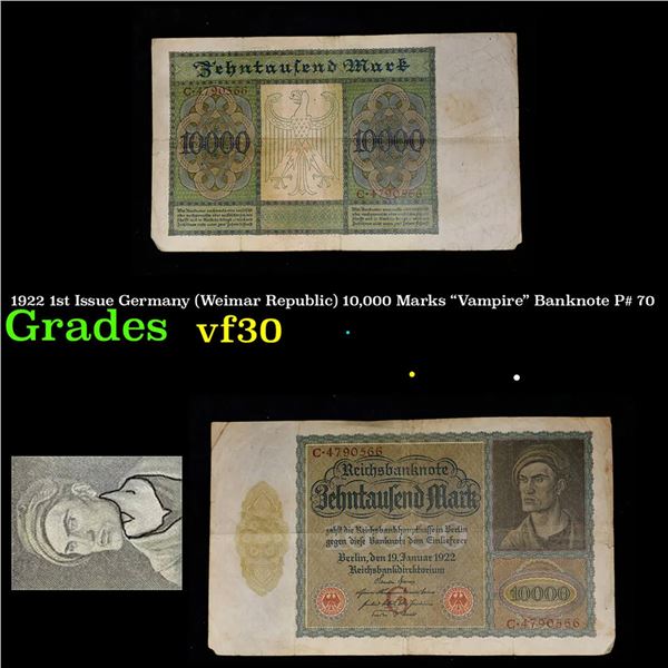 1922 1st Issue Germany (Weimar Republic) 10,000 Marks "Vampire" Banknote P# 70 Grades vf++