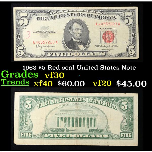 1963 $5 Red seal United States Note Grades vf++