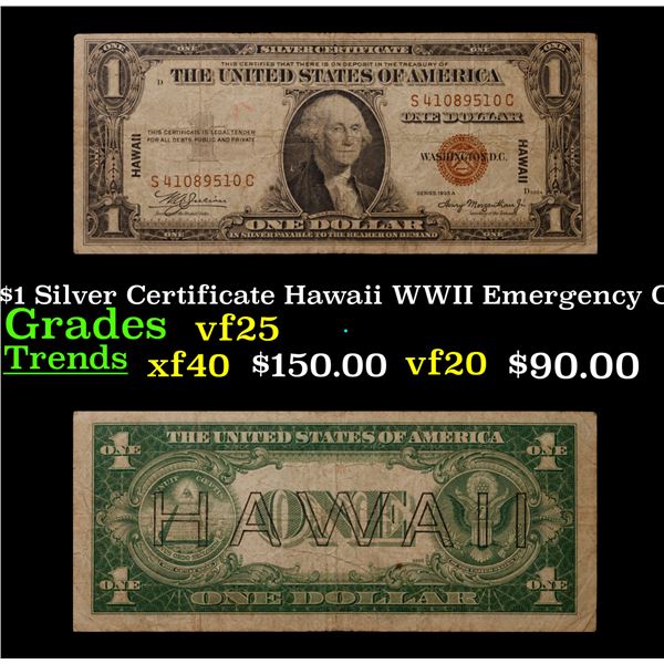 1935A $1 Silver Certificate Hawaii WWII Emergency Currency Grades vf+