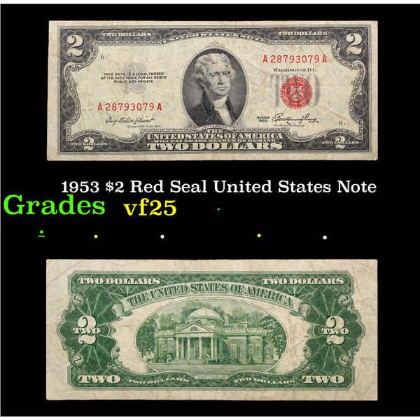 1953 $2 Red Seal United States Note Grades vf+