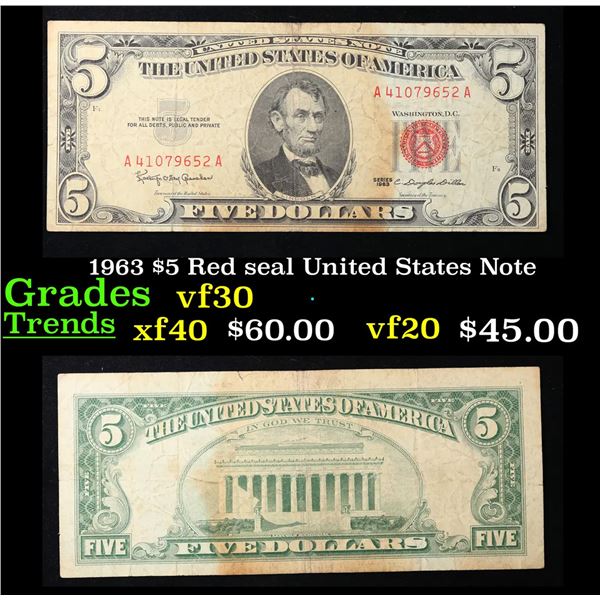 1963 $5 Red seal United States Note Grades vf++