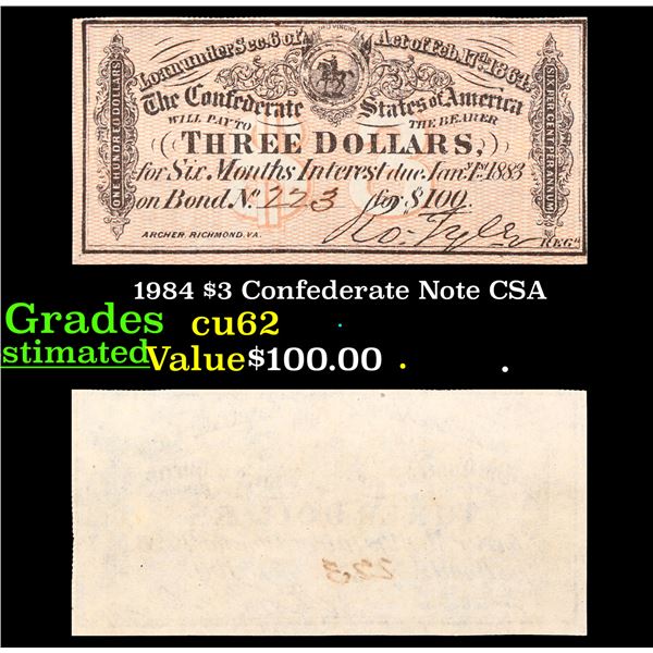 1984 $3 Confederate Note CSA Grades Select CU