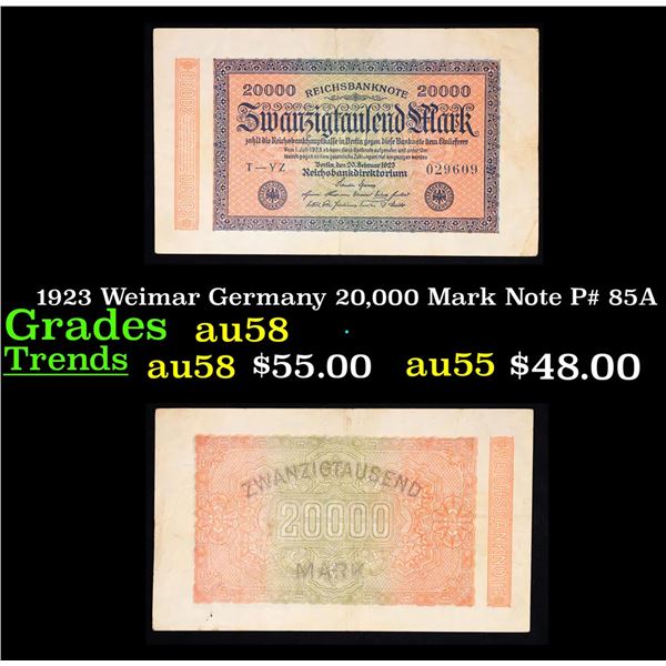 1923 Weimar Germany 20,000 Mark Note P# 85A Grades Choice AU/BU Slider