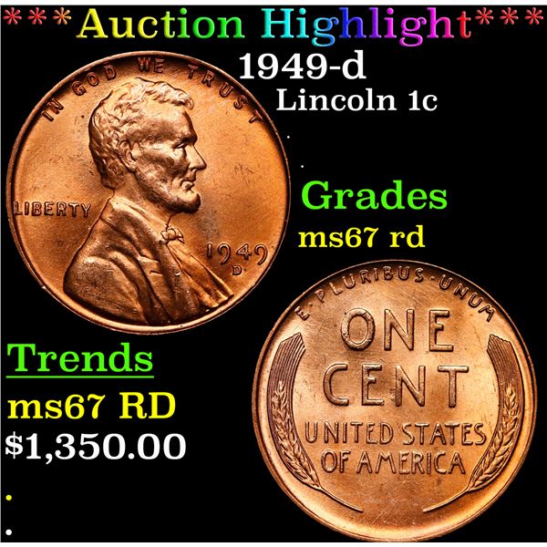 **Auction Highlight*** 1949-d Lincoln Cent 1c Graded GEM++ Unc RD By USCG (fc)