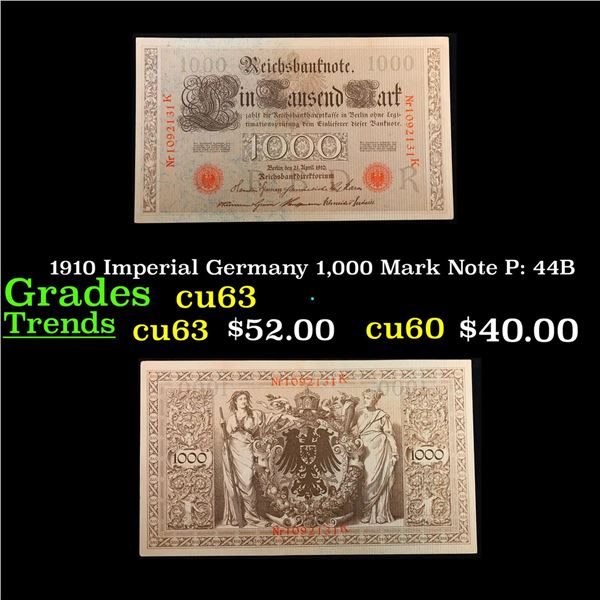 1910 Imperial Germany 1,000 Mark Note P: 44B Grades Select CU