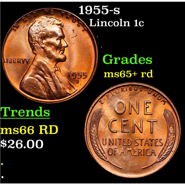 1955-s Lincoln Cent 1c Grades Gem+ Unc RD