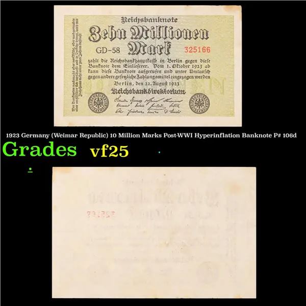 1923 Germany (Weimar Republic) 10 Million Marks Post-WWI Hyperinflation Banknote P# 106d Grades vf+