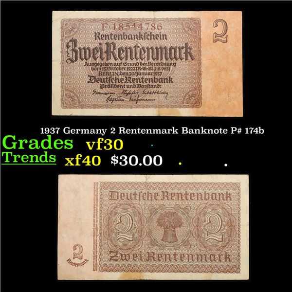 1937 Germany 2 Rentenmark Banknote P# 174b Grades vf++