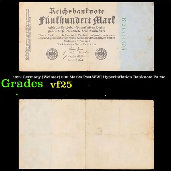 1922 Germany (Weimar) 500 Marks Post-WWI Hyperinflation Banknote P# 74c Grades vf+