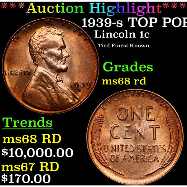 **Auction Highlight*** 1939-s Lincoln Cent TOP POP! 1c Graded GEM+++ Unc RD By USCG (fc)