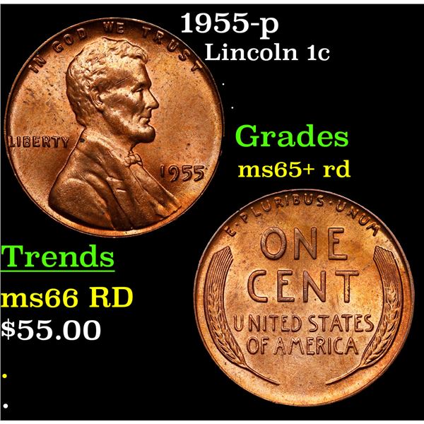 1955-p Lincoln Cent 1c Grades Gem+ Unc RD