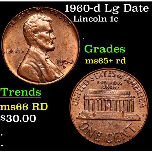 1960-d Lg Date Lincoln Cent 1c Grades Gem+ Unc RD
