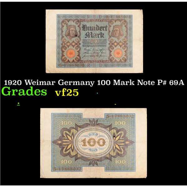 1920 Weimar Germany 100 Mark Note P# 69A Grades vf+