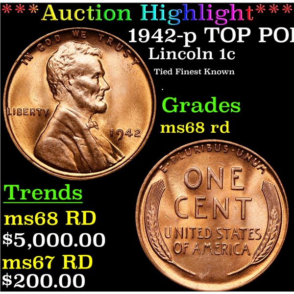 **Auction Highlight*** 1942-p Lincoln Cent TOP POP! 1c Graded GEM+++ Unc RD By USCG (fc)