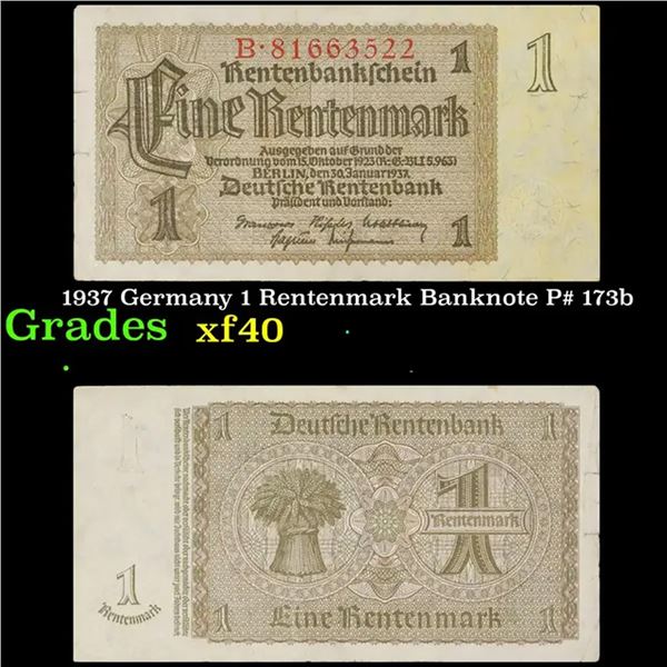 1937 Germany 1 Rentenmark Banknote P# 173b Grades xf