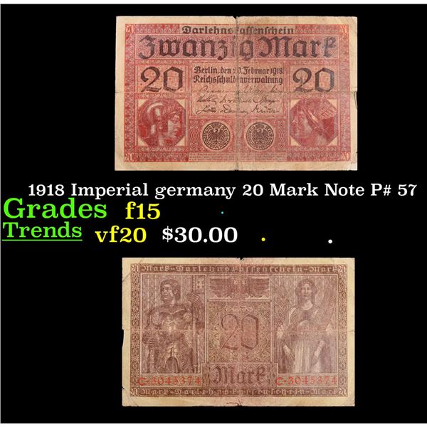 1918 Imperial germany 20 Mark Note P# 57 Grades f+