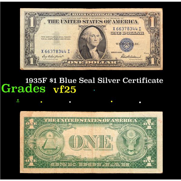 1935F $1 Blue Seal Silver Certificate Grades vf+