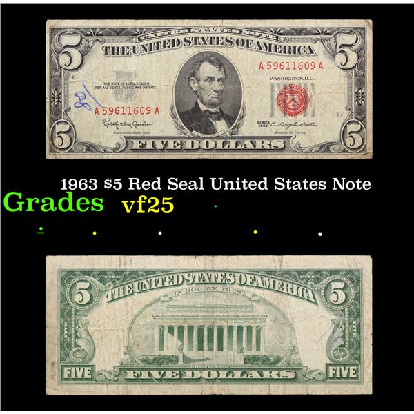 1963 $5 Red Seal United States Note Grades vf+