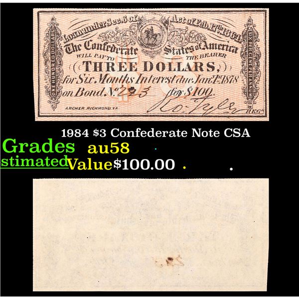 1984 $3 Confederate Note CSA Grades Choice AU/BU Slider