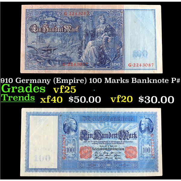 1910 Germany (Empire) 100 Marks Banknote P# 42 Grades vf+