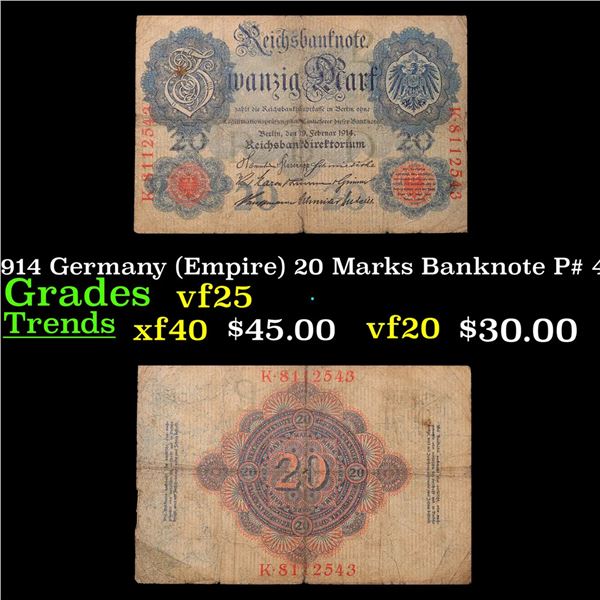 1914 Germany (Empire) 20 Marks Banknote P# 46b Grades vf+