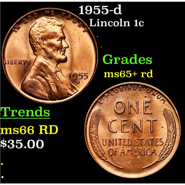 1955-d Lincoln Cent 1c Grades Gem+ Unc RD